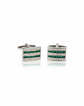 Silver square cufflinks with green crystal stripe front and bar pin backs