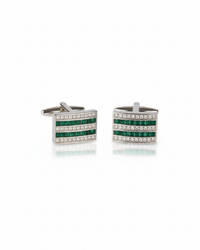 Silver square cufflinks with green crystal stripe front and bar pin backs