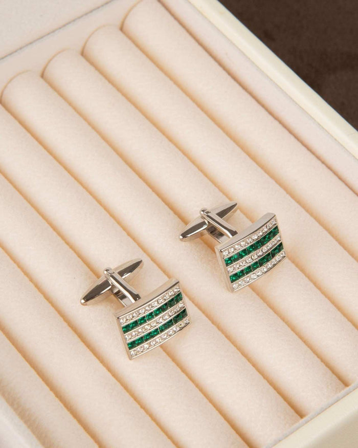 Pair of silver square cufflinks with green crystal stripes and cross bar fronts