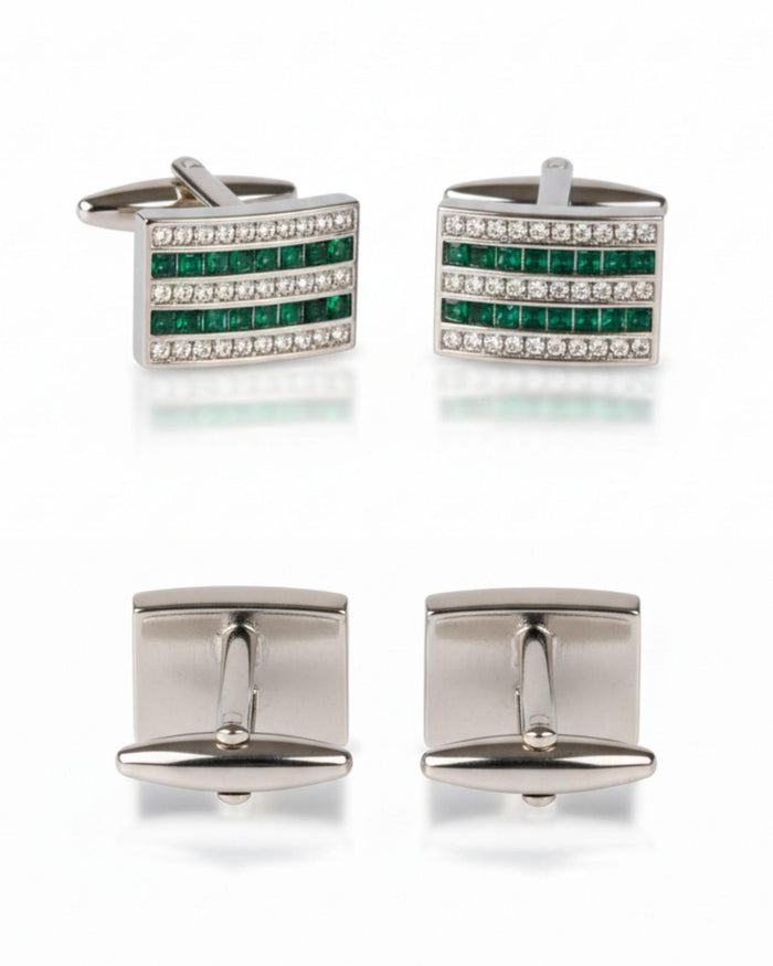 Silver cufflinks back and front views with clasp backs and green crystal stripes