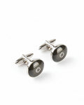 Premsons® men's round cufflinks, dark enamel faces with metal emblem