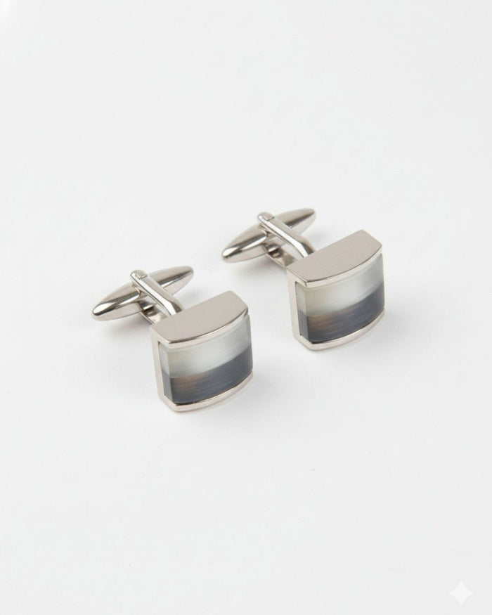 Men's silver-tone curved rectangular cufflinks with gradient inlay and swivel backs
