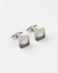 Men's silver-tone curved rectangular cufflinks with gradient inlay and swivel backs