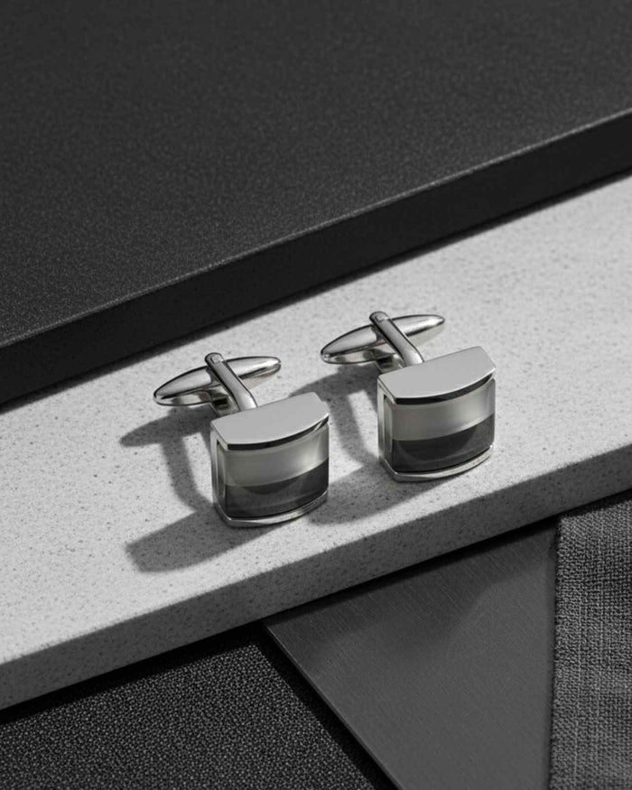 Silver-tone rectangular cufflinks with gradient inlay and hinged posts