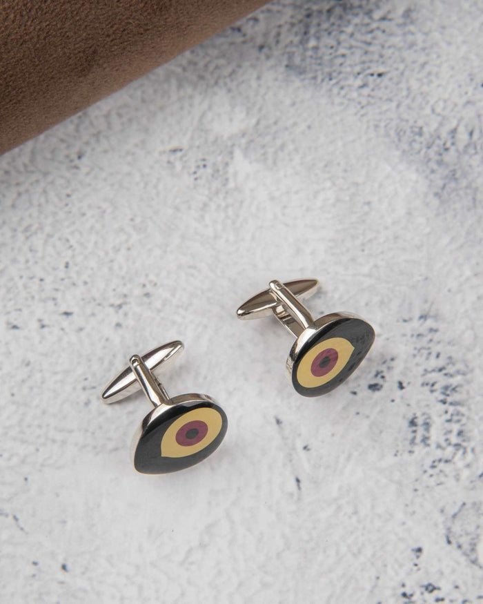 Silver-tone round cufflinks with black enamel target pattern and metal bar posts