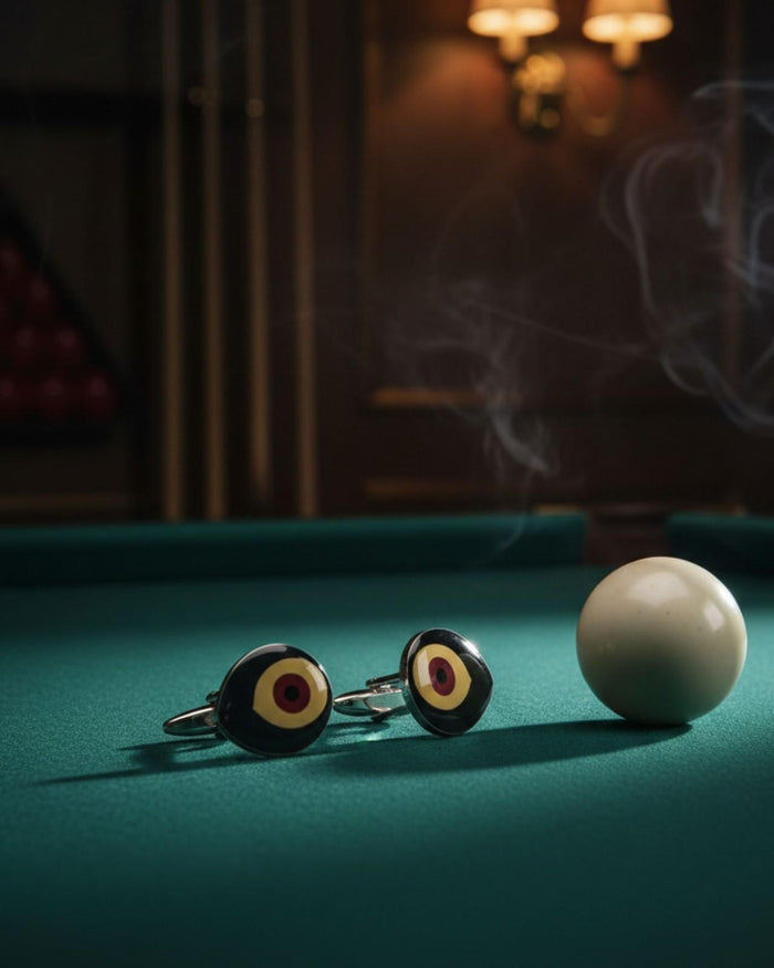 Silver-tone round target enamel cufflinks with black face, resting on billiard cloth
