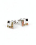 Square silver cufflinks with black enamel and multicolor abstract stone inlay.
