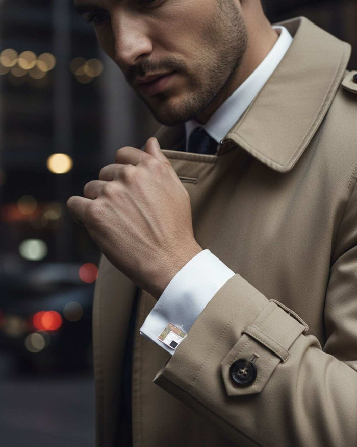 Silver square cufflinks on a tan coat cuff, featuring black enamel and abstract stone.