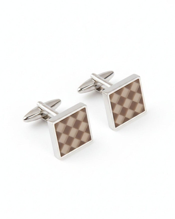 Square silver cufflinks with brown checkerboard inlay and hinged bar posts