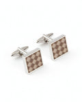 Square silver cufflinks with brown checkerboard inlay and hinged bar posts