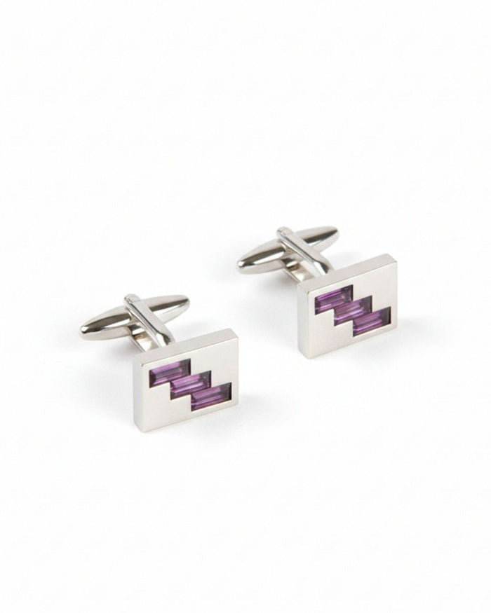 Men's square silver-tone cufflinks with purple geometric crystal inlay