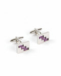 Men's square silver-tone cufflinks with purple geometric crystal inlay