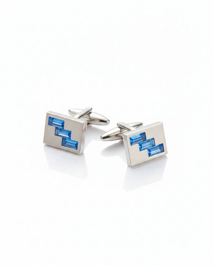 Men's square silver-tone cufflinks with blue geometric crystal inlay