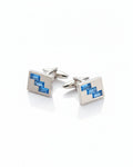 Men's square silver-tone cufflinks with blue geometric crystal inlay