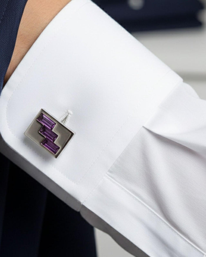 Men's square silver-tone cufflinks with purple geometric crystal on shirt cuff