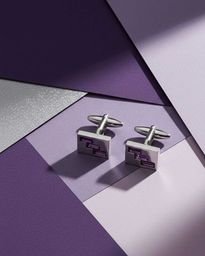 Men's square silver-tone cufflinks with purple geometric crystal, shown as a pair