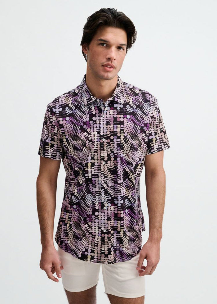 Purple/Aloe Waves Printed Cotton Knit Jersey Short Sleeve Shirt St-9364