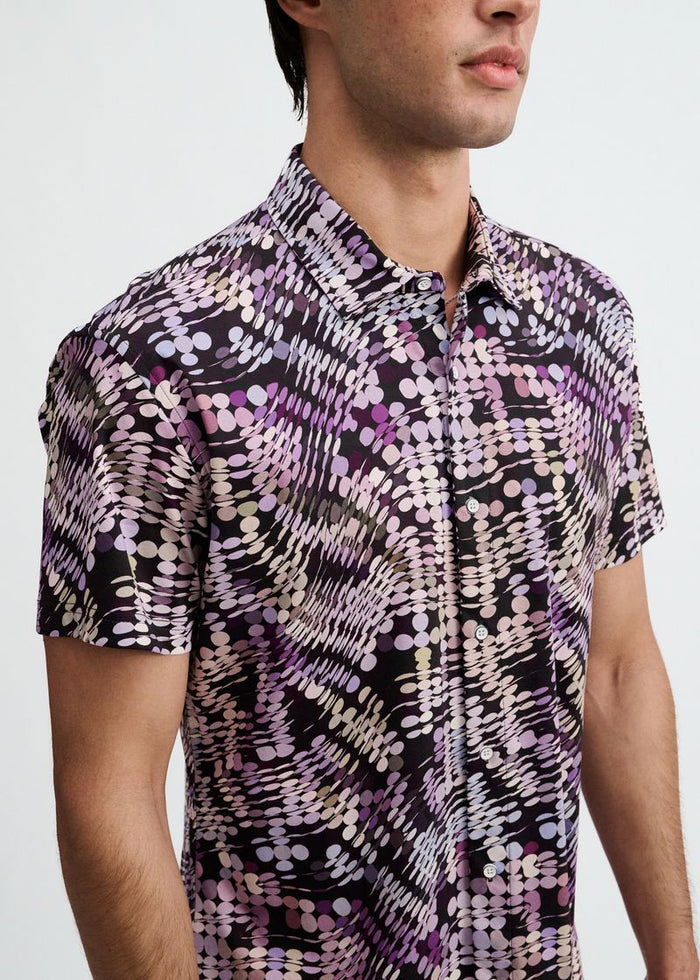 Purple/Aloe Waves Printed Cotton Knit Jersey Short Sleeve Shirt St-9364