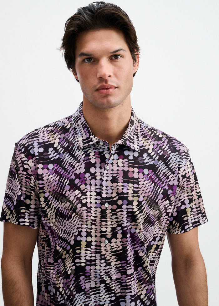 Purple/Aloe Waves Printed Cotton Knit Jersey Short Sleeve Shirt St-9364