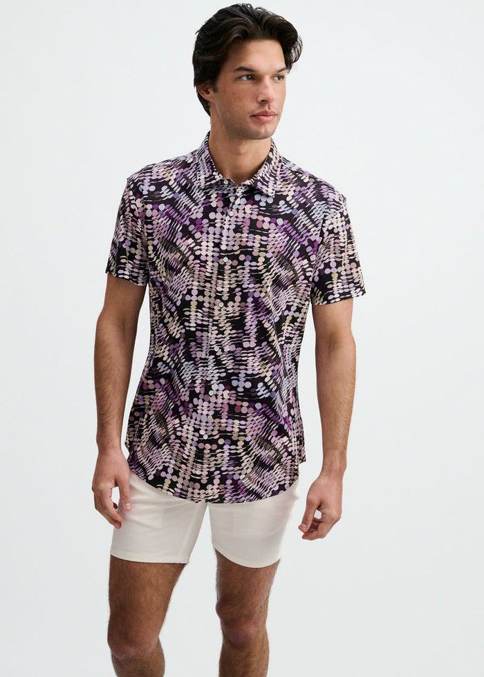 Purple/Aloe Waves Printed Cotton Knit Jersey Short Sleeve Shirt St-9364