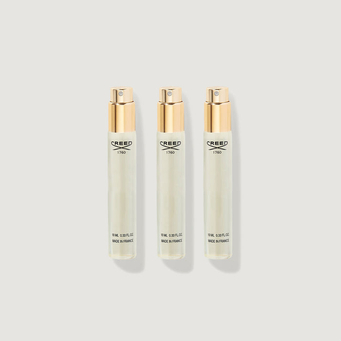 Three Glass 10ml Atomiser Refill Vials with Gold Caps - Front View | Creed Fragrances