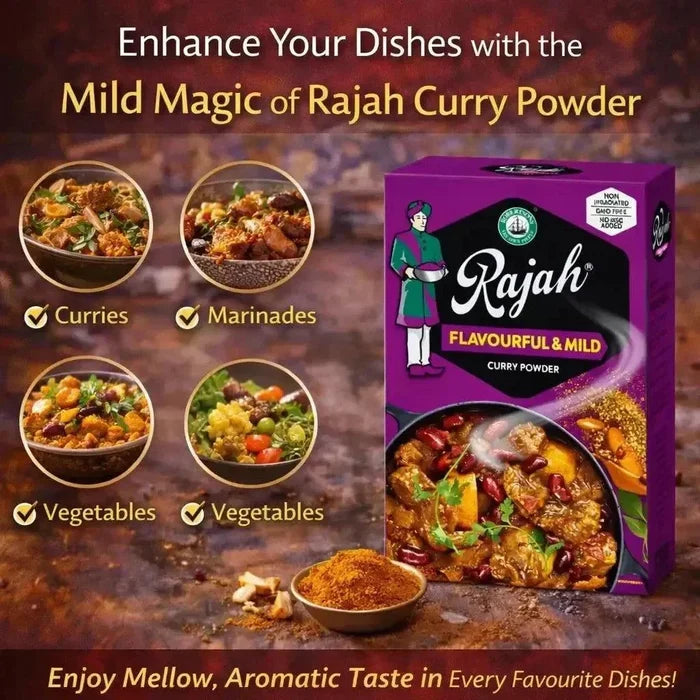 Rajah Curry Powder 100g pack with mild, aromatic blend of turmeric, coriander, cumin, and chili for flavorful cooking