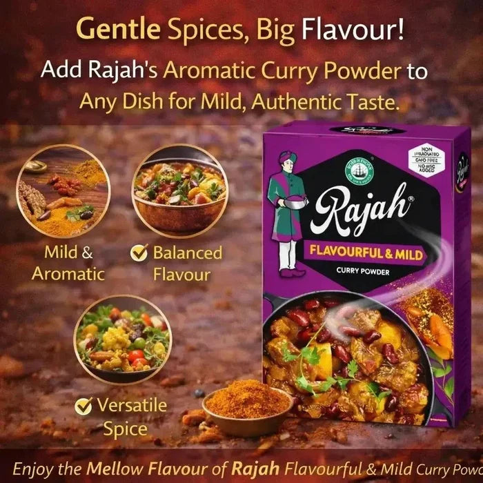 Rajah Curry Powder 100g pack with mild, flavorful blend of turmeric, coriander, cumin, and chili spices