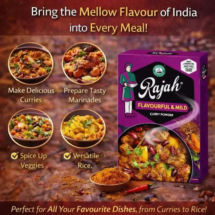 Rajah Curry Powder 100g pack of mild, flavorful, finely ground spices for cooking