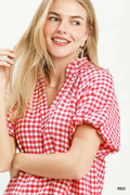 Red Gingham Scallop Hem Bubble Sleeve Top