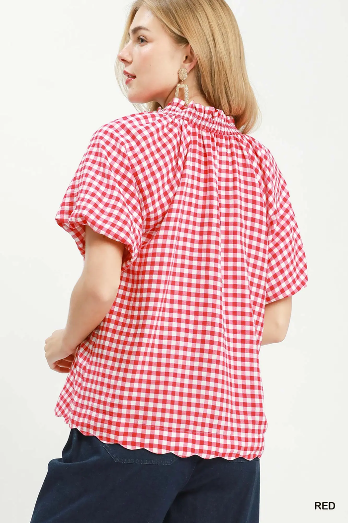 Red Gingham Scallop Hem Bubble Sleeve Top