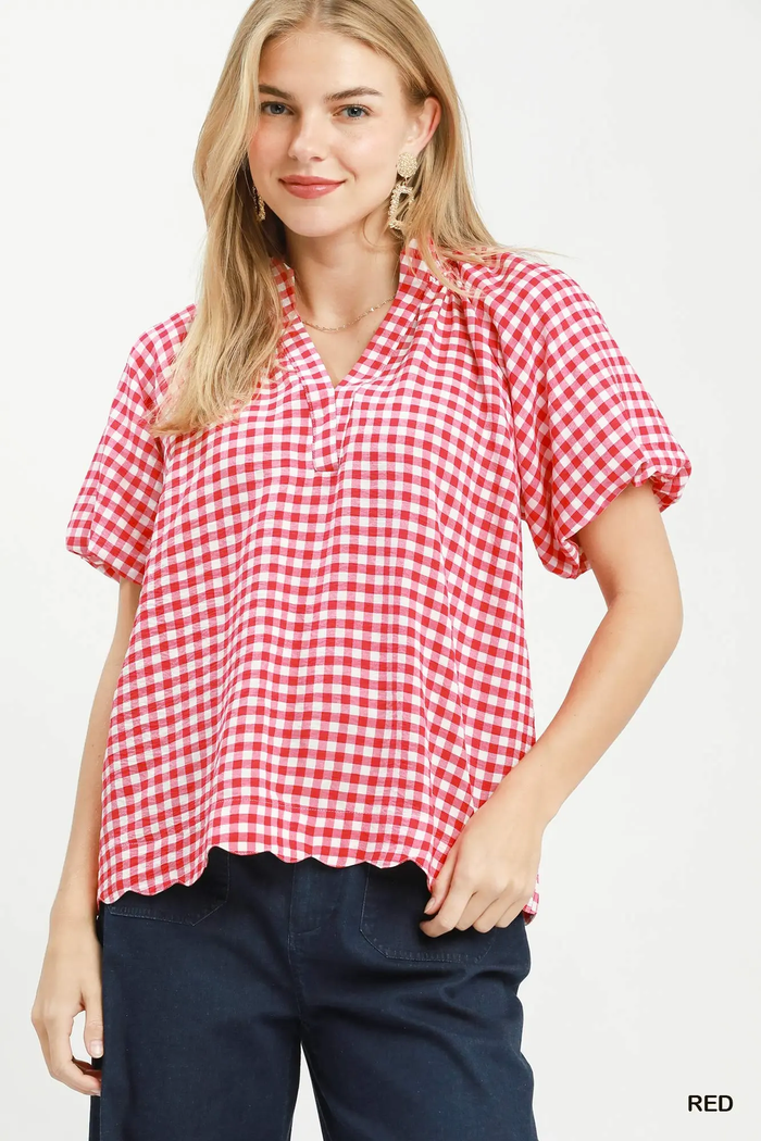 Red Gingham Scallop Hem Bubble Sleeve Top