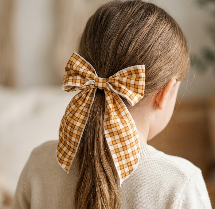 Ribbon Bow Hair Clip - mustard gingham