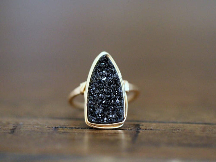 Ring-Druzy Triangle Black Bohemian Cocktail