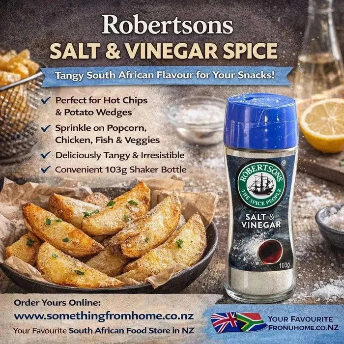 Robertsons Salt & Vinegar Spice 103g shaker bottle for flavorful seasoning on chips, chicken, and vegetables