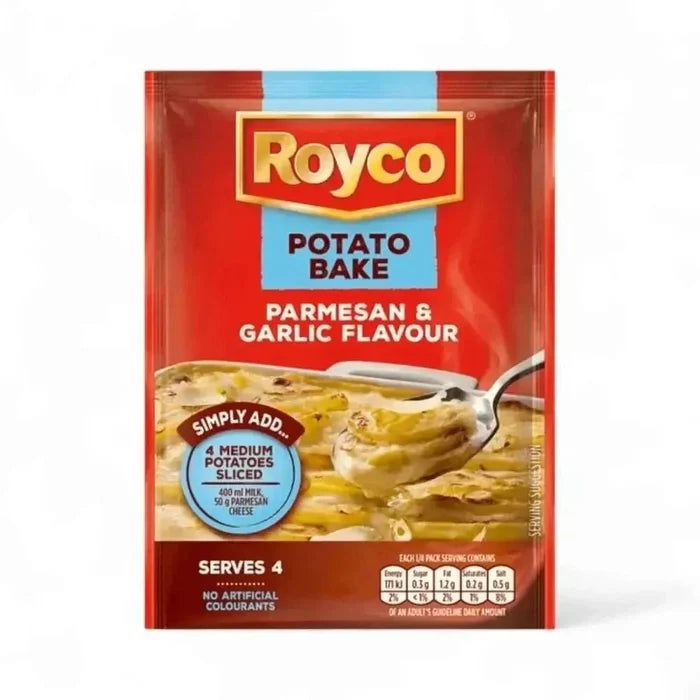 Royco Potato Bake Parmesan and Garlic 40g packet with sliced creamy potato bake dish
