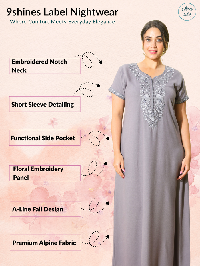 Sadabahar French Silver Embroidered Alpine Nighty for Women