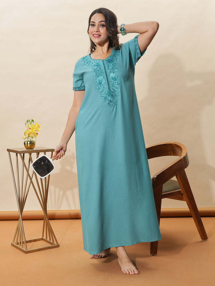 Premium Sea Glass Embroidered Nighty for Women