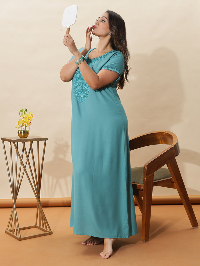 Premium Sea Glass Embroidered Nighty for Women