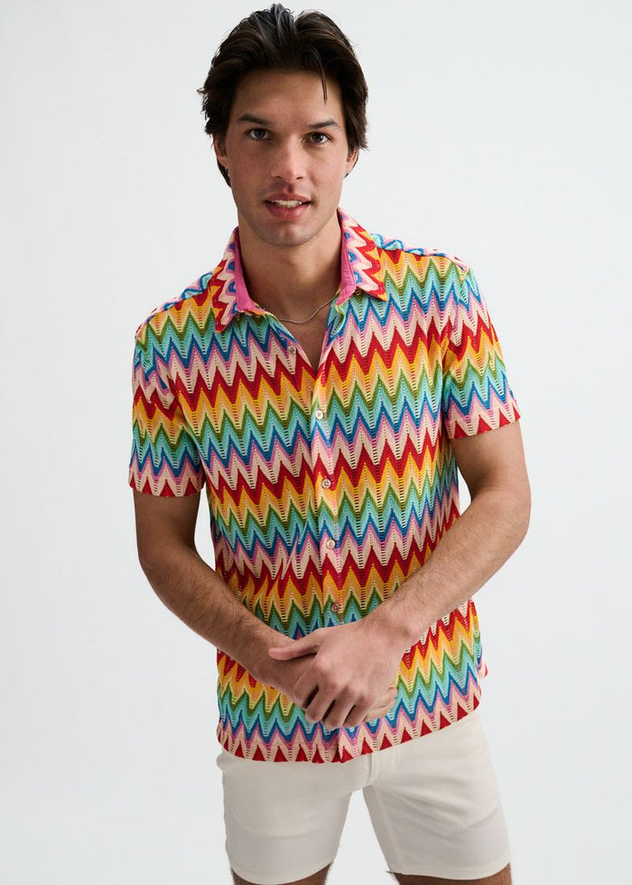 Salsa/Aqua Open Knit Stretch Chevron Short Sleeve Shirt St-24079