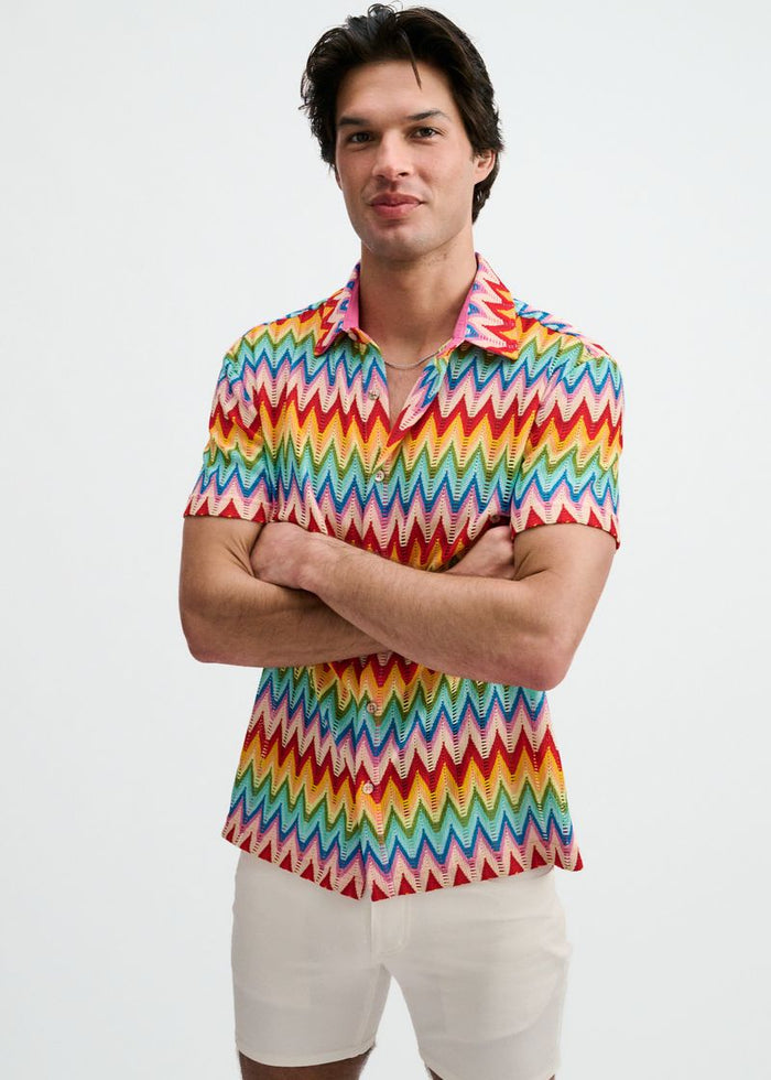 Salsa/Aqua Open Knit Stretch Chevron Short Sleeve Shirt St-24079