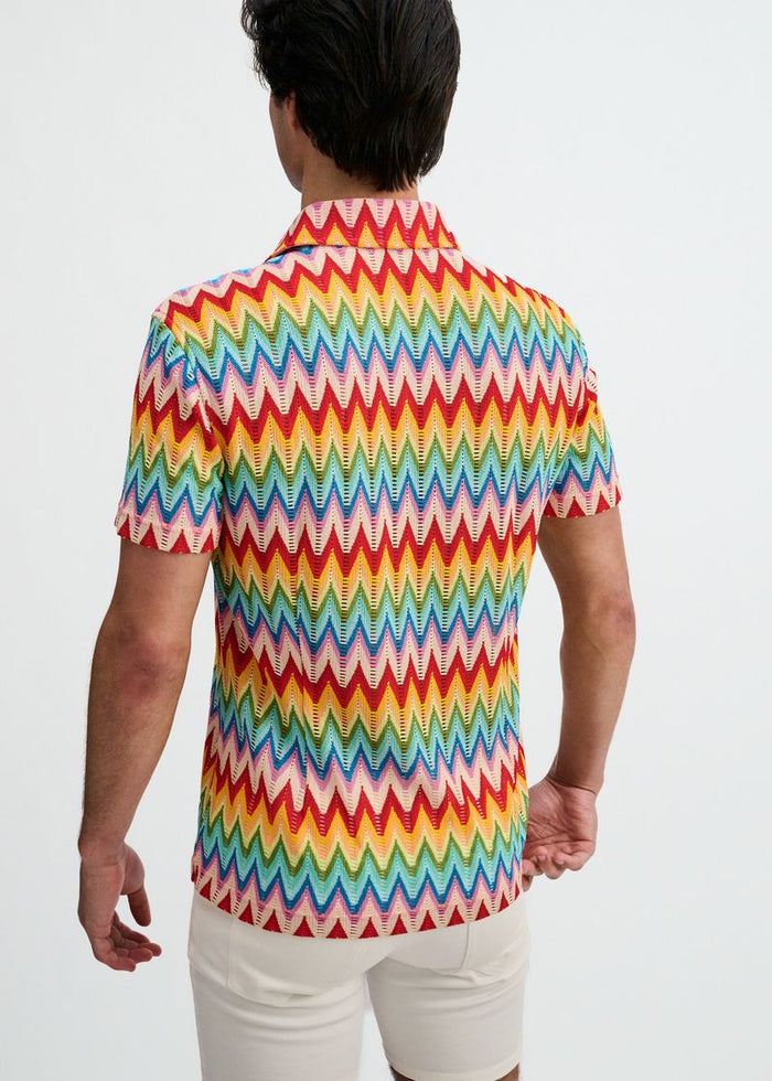 Salsa/Aqua Open Knit Stretch Chevron Short Sleeve Shirt St-24079