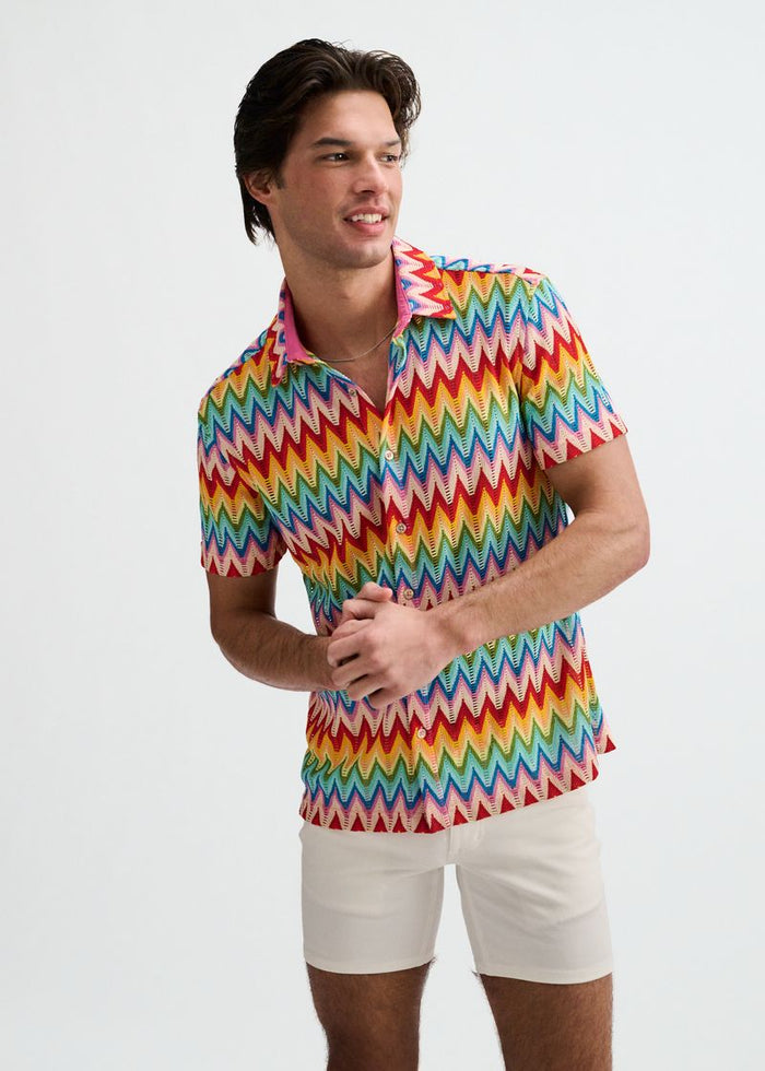 Salsa/Aqua Open Knit Stretch Chevron Short Sleeve Shirt St-24079