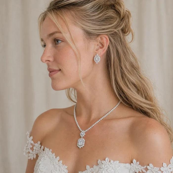 Wedding Jewelry - Silver Cubic Zirconia Bridal Jewelry Set