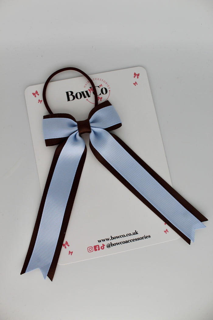 School Bow Bluebell and Brown - Tuxedo Tails Bow - Elastic