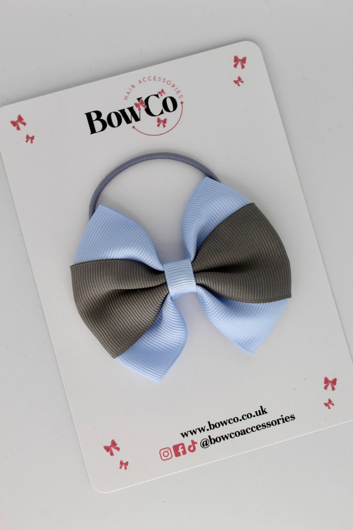 School Bow Bluebell and Grey - Round Tuxedo Bow - Elastic