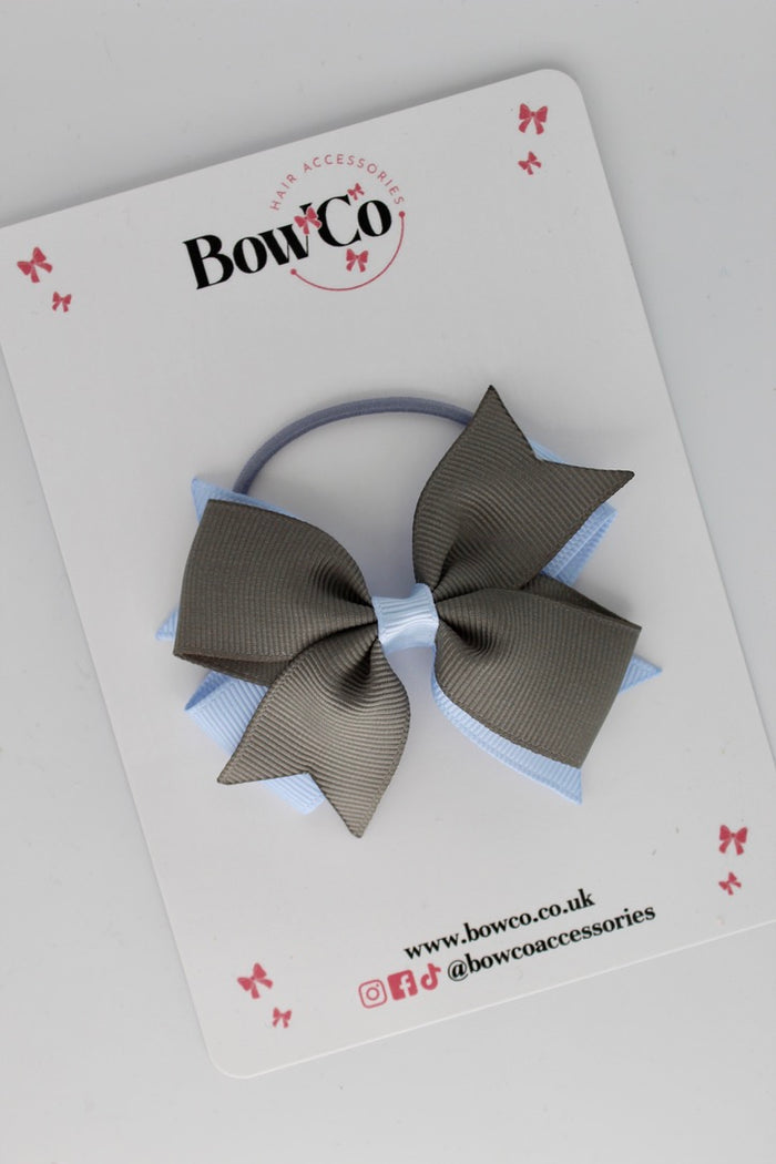 School Bow Bluebell and Metal Grey - Layer Tail Bow - Elastic