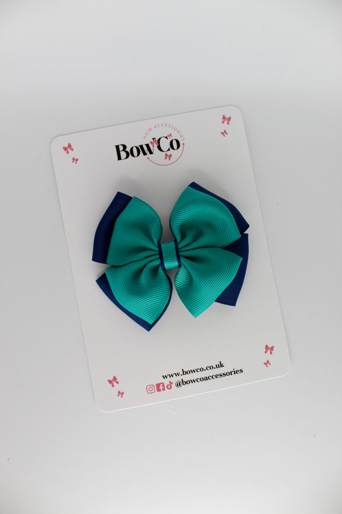 School Bow Jade Green and Navy - Layer Edge Bow - Clip
