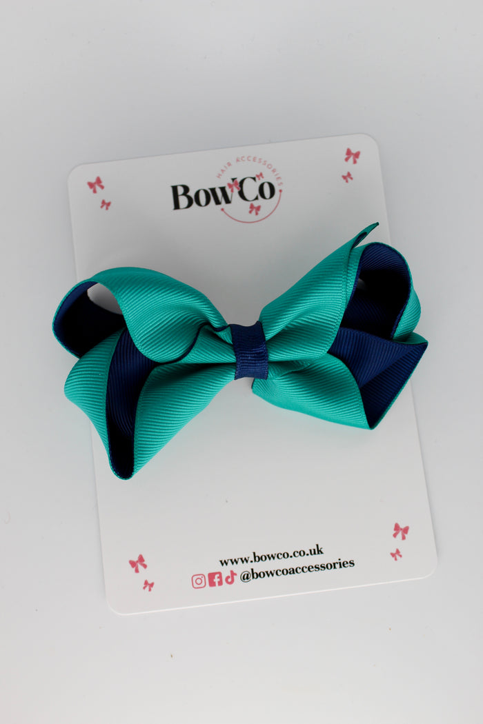 School Bow Jade Green and Navy - Loop Bow - Clip