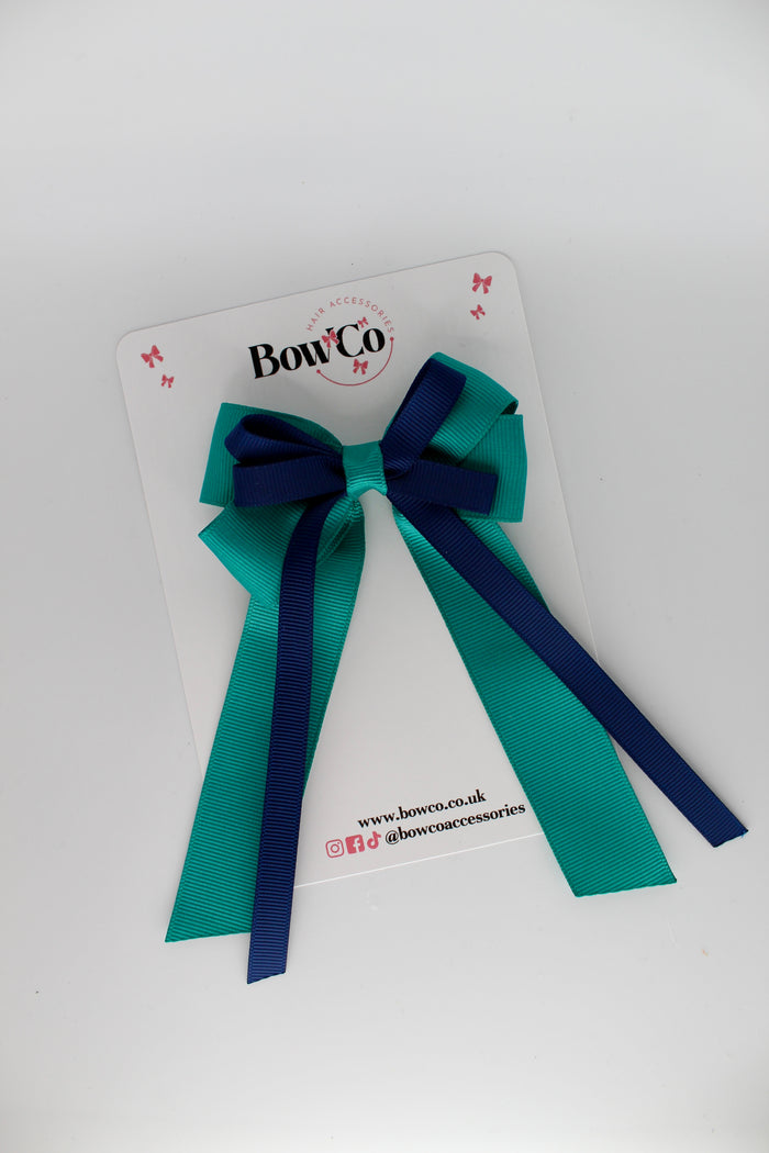 School Bow Jade Green and Navy - Loop Bow Tail Clip