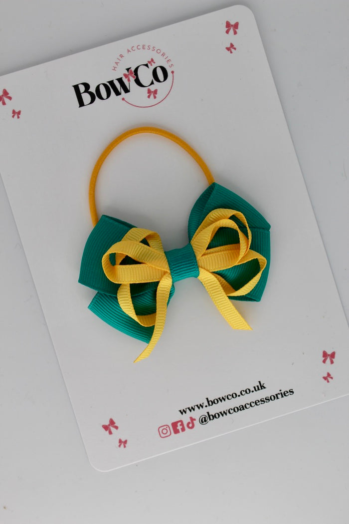 School Bow Jade Green and Yellow Gold - Double Bow - Elastic